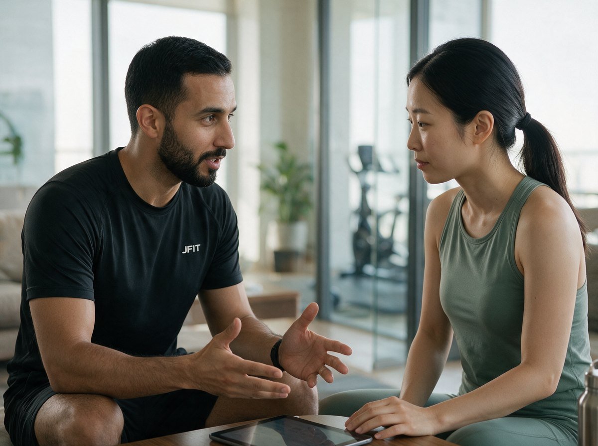 A JFit trainer talking a client through a plan in Dubai